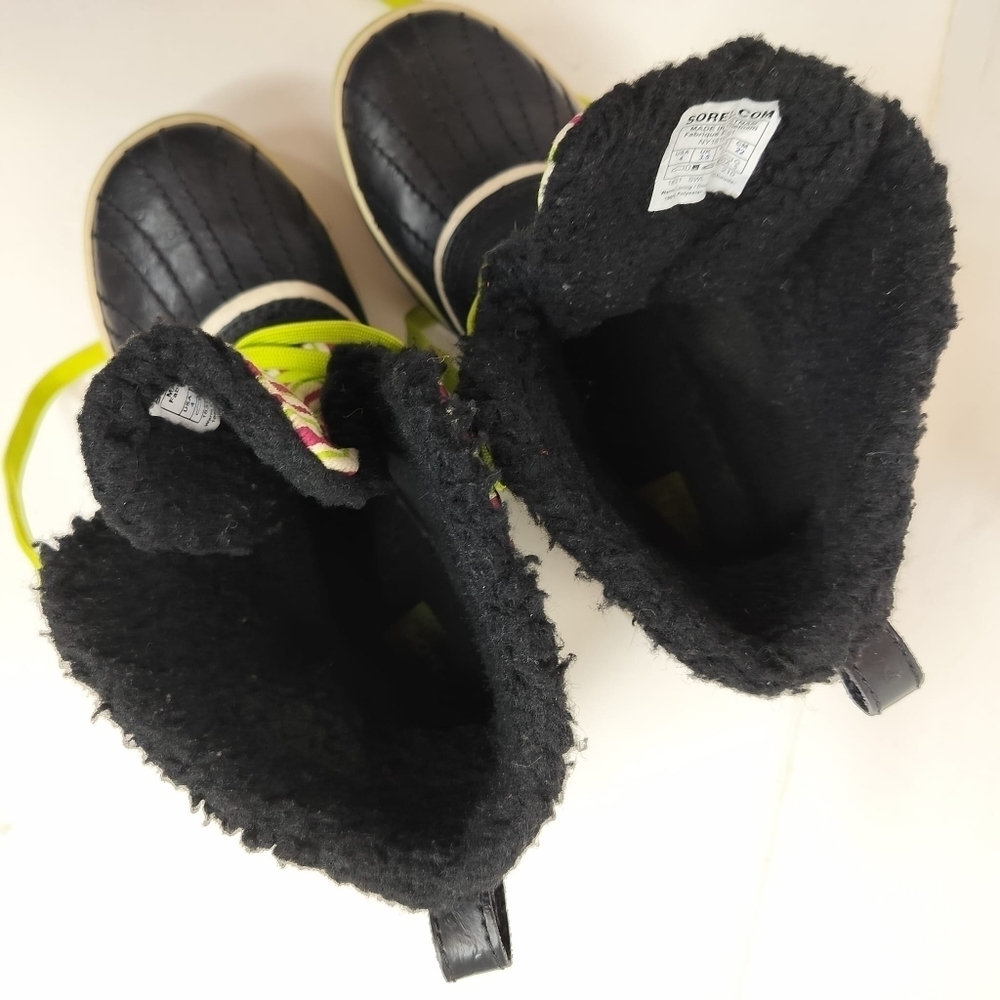 SOREL Tivoli Rubber Pink Green Striped Youth 4 Winter Duck Boots Faux Fur Trim - Picture 10 of 15